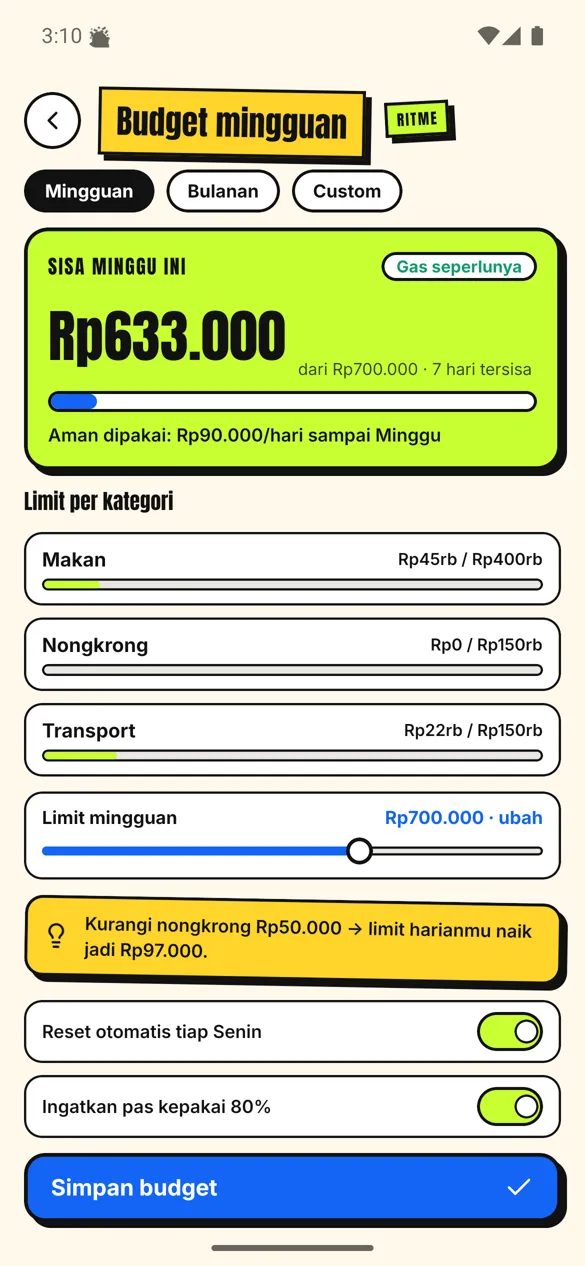 DUID mobile product preview: weekly budgets and category limits.