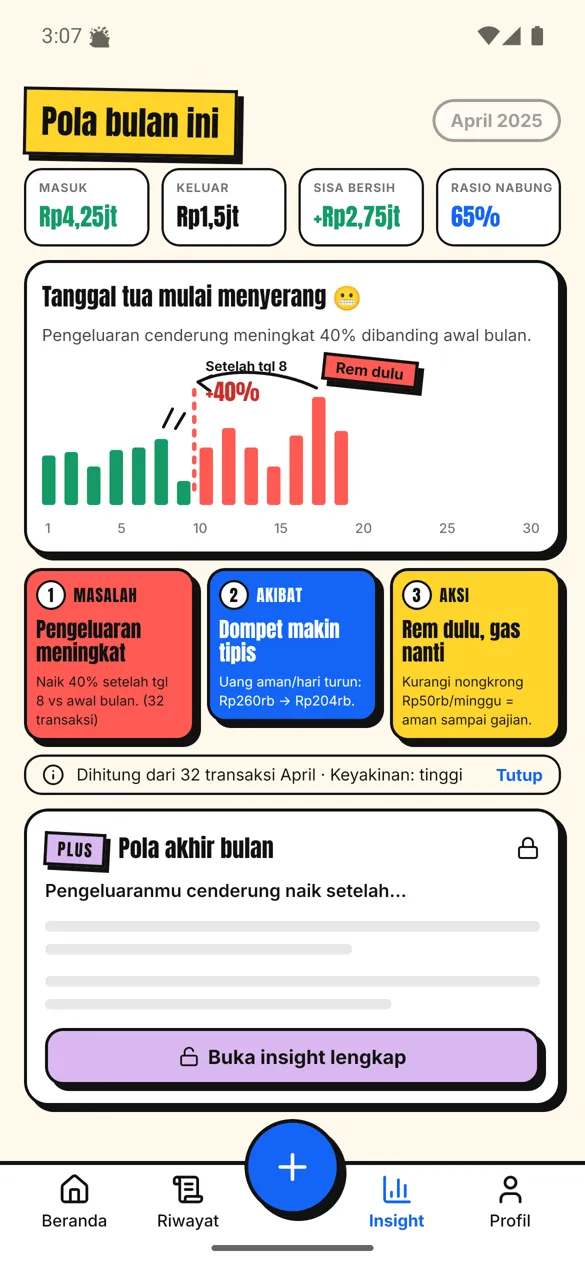 DUID mobile product preview: spending patterns and understandable financial insights.